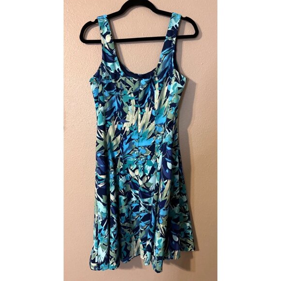 Connected Dress Blue Green 12 A Line Scoop Flowy Sleeveless Tropical Washable - Picture 4 of 5